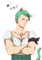 Rule 34 | 1boy, animal ears, cat boy, cat ears, cat tail, crossed arms, eilinna, green hair, kemonomimi mode, male focus, motion lines, one piece, partially unbuttoned, pectoral cleavage, pectorals, roronoa zoro, short hair, sideburns, solo, stitches, tail, toned, toned male, translated, upper body, white background