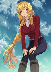 Rule 34 | 1girl, bent over, blonde hair, blue sky, boots, braid, breasts, cloud, day, denim, from below, guchico, gundam, gundam tekketsu no orphans, hands on own knees, jeans, kudelia aina bernstein, large breasts, long hair, pants, purple eyes, rubber boots, sky, smile, solo, squatting, star (sky), starry sky, very long hair