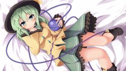 Rule 34 | 1girl, blush, boots, dutch angle, eyeball, green eyes, green hair, hat, highres, komeiji koishi, long sleeves, looking at viewer, lying, on back, on bed, shirt, skirt, smile, solo, string, tendo, third eye, touhou, wide sleeves