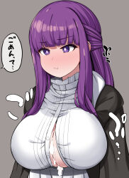 Rule 34 | 1girl, :t, after paizuri, annoyed, black coat, blunt bangs, blush, breasts, bright pupils, button gap, buttons, cleavage, closed mouth, coat, cum, cum on body, cum on breasts, cum on upper body, cumdrip, fern (sousou no frieren), grey background, half updo, highres, large breasts, long hair, looking ahead, nose blush, pout, purple eyes, purple hair, rinbo, shirt, sidelocks, simple background, solo, sousou no frieren, speech bubble, straight hair, striped, upper body, v-shaped eyebrows, vertical stripes, white shirt