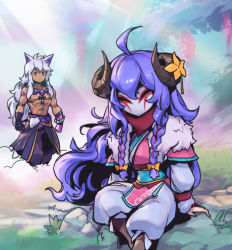 Rule 34 | 1boy, 1girl, ahoge, animal ears, arm support, bead necklace, beads, bow, braid, commentary request, facing viewer, flower, fox ears, fur trim, green pants, grey hair, hair between eyes, hair bow, horn flower, horns, japanese clothes, jewelry, kimono, kindred (league of legends), lamb (league of legends), league of legends, long hair, looking at another, mask, muscular, muscular male, necklace, orange bow, outdoors, pants, phantom ix row, purple hair, sett (league of legends), sitting, spirit blossom kindred, spirit blossom sett, tree, twin braids, yellow flower