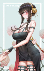Rule 34 | 1girl, absurdres, black hair, blood, blush, breasts, cleavage, dress, flower, gloves, hair ornament, highres, huge breasts, large breasts, long hair, no bra, red eyes, spy x family, standing, thick thighs, thighhighs, thighs, weapon, yf (hbyg), yor briar