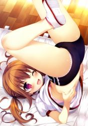 Rule 34 | &gt;;d, 1girl, ;d, absurdres, ahoge, ass, back, blush, bra, bra peek, breasts, brown hair, buruma, clothes lift, crotch, dengeki moeou, double vertical stripe, fang, foreshortening, from above, from side, full body, gym shirt, gym uniform, hair between eyes, hair tie, hand on back, happy, highres, indoors, lace, lace-trimmed panties, lace trim, legs, legs up, looking at viewer, mat, mattress, meito (maze), one eye closed, open mouth, original, panties, panties under buruma, panty peek, pantyshot, pink bra, pink panties, puffy short sleeves, puffy sleeves, purple eyes, scan, shirt, shirt lift, shoes, short sleeves, small breasts, smile, socks, solo, thighs, training bra, twintails, underwear, upshirt, upside-down, uwabaki, v-shaped eyebrows, white footwear, white shirt, white socks, wink, wooden floor