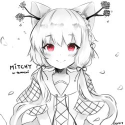 Rule 34 | 1girl, animal ears, antlers, artist name, blush, braid, branch, character name, closed mouth, dated, dress, hair ribbon, horns, long hair, looking at viewer, low twintails, original, red theme, ribbon, sailor dress, short sleeves, smile, solo, spot color, temachii, twintails