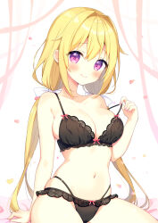 Rule 34 | 1girl, aoi yun, bare arms, bare shoulders, black bra, black panties, blonde hair, blush, bow, bow bra, bow panties, bra, breasts, cleavage, closed mouth, collarbone, commentary request, commission, hair between eyes, hair bow, hair intakes, hand up, highres, long hair, looking at viewer, low twintails, medium breasts, multi-strapped panties, navel, original, panties, petals, pulled by self, purple eyes, sitting, skeb commission, skindentation, smile, solo, strap pull, twintails, underwear, underwear only, very long hair, white bow
