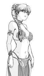 Rule 34 | 1girl, absurdres, alternate hairstyle, bare legs, bare shoulders, braid, breasts, chain, chain-link fence, cleavage, cosplay, embarrassed, fence, highres, jtsketch, leia organa, leia organa (cosplay), long hair, medium breasts, monochrome, narrow waist, navel, neon genesis evangelion, pelvic curtain, princess leia organa solo, princess leia organa solo (cosplay), restrained, revealing clothes, simple background, single braid, slave leia, slave leia (cosplay), solo, souryuu asuka langley, standing, star wars, star wars: return of the jedi, tsundere, very long hair, wide hips