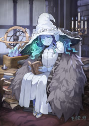 Rule 34 | 1girl, absurdres, artist name, bad id, bad pixiv id, blue eyes, blue hair, blue skin, book, candle, cloak, closed mouth, colored skin, crystal, dress, ebe39, elden ring, extra arms, extra faces, full body, fur cloak, grey sky, hat, highres, holding, holding book, indoors, large hat, long sleeves, medium hair, one eye closed, rain, ranni the witch, shoes, sink, sitting, sky, smile, solo, white dress, white footwear, white hat, witch, witch hat