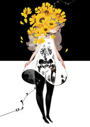 Rule 34 | 1girl, barefoot, blooming, dress, flower, grey hair, light smile, looking at viewer, nail, neetiska, original, petals, pointy nose, portrait, shoulder strap, skeleton print, sleeveless, string, surreal, two-tone background, white dress, yellow eyes