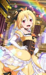 Rule 34 | black bow, blonde hair, bow, breasts, dress, dress bow, elbow gloves, fang, felt (re:zero), frilled dress, frilled sleeves, frills, gloves, hair bow, hands on own hips, high ponytail, highres, indoors, long hair, looking at viewer, official art, open mouth, puffy short sleeves, puffy sleeves, re:zero kara hajimeru isekai seikatsu, re:zero kara hajimeru isekai seikatsu: lost in memories, red eyes, short sleeves, small breasts, smile, white gloves, yellow dress