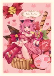 Rule 34 | +1 (yakusoku0722), 1girl, :3, :d, animal ears, bare shoulders, bell, boots, border, bow, cat ears, cat tail, chocolate, choker, copyright name, cupcake, dress, fangs, food, fruit, giant object, gloves, heart, highres, holding, jingle bell, knee boots, looking at viewer, mew ichigo, momomiya ichigo, open mouth, oversized object, pink dress, pink eyes, pink hair, puffy short sleeves, puffy sleeves, red gloves, short hair, short sleeves, simple background, sitting, sitting on food, smile, solo, strawberry, sweets, tail, tail bow, tail ornament, thigh strap, tokyo mew mew