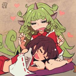 Rule 34 | 2girls, bare shoulders, blush, bow, brown hair, closed eyes, dated, detached sleeves, drooling, drunk, green eyes, green hair, hair bow, hair tubes, hakurei reimu, heart, horns, japanese clothes, komano aunn, long hair, maaru (akira428), mouth drool, multiple girls, nontraditional miko, one-hour drawing challenge, open mouth, red bow, red skirt, ribbon-trimmed sleeves, ribbon trim, sidelocks, signature, single horn, skirt, smile, touhou, white sleeves, wide sleeves