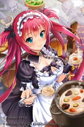 Rule 34 | 1girl, airi (queen&#039;s blade), apron, bandai, black bow, black dress, black ribbon, blue eyes, bow, bowtie, breasts, chain, cleavage, cleavage cutout, closed mouth, clothing cutout, collar, cooking, dress, food, frilled dress, frilled sleeves, frills, from above, ghost, hair ribbon, hands up, highres, holding, indoors, long hair, looking at viewer, maid, maid apron, maid headdress, medium breasts, official art, pleated dress, pot, puffy short sleeves, puffy sleeves, queen&#039;s blade, queen&#039;s blade unlimited, queen&#039;s blade white triangle, red hair, ribbon, sash, short dress, short sleeves, sidelocks, smile, solo, soup, soup ladle, standing, straight hair, table, twintails, two side up, white apron, white sash, wrist cuffs