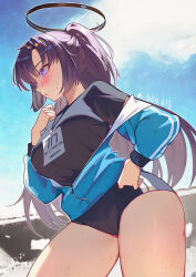 Rule 34 | 1girl, absurdres, banhuaaidie, black buruma, black halo, black shirt, blue archive, blue jacket, blue sky, breasts, buruma, cloud, commentary, day, halo, highres, jacket, large breasts, long hair, mechanical halo, official alternate costume, outdoors, purple hair, shirt, sky, solo, sweat, thighs, track jacket, yuuka (blue archive), yuuka (track) (blue archive)