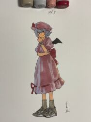Rule 34 | 1girl, art tools in frame, bat wings, blue hair, full body, hand on own arm, hand on own chin, hat, highres, marker (medium), mob cap, pink shirt, pink skirt, remilia scarlet, shiratama (hockey), shirt, shoes, short hair, single wrist cuff, skirt, sneakers, socks, solo, touhou, traditional media, wings, wrist cuffs