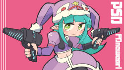 Rule 34 | 1girl, blue hair, breasts, bright pupils, closed mouth, copyright name, crop top, dual wielding, eyeliner, facial mark, fonewearl, fur-trimmed headwear, fur trim, green eyes, gun, hat, holding, holding gun, holding weapon, jester cap, juliet sleeves, light blue hair, long hair, long sleeves, makeup, navel, overskirt, phantasy star, phantasy star online, pink background, pointy ears, pom pom (clothes), puffy sleeves, purple hat, red eyeliner, rupika, seseringo, small breasts, smile, solo, star (symbol), weapon, white pupils