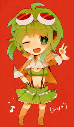 Rule 34 | 1girl, ahoge, bad id, bad pixiv id, boots, breasts, chibi, female focus, full body, goggles, goggles on head, green eyes, green hair, gumi, gumi (v3 megpoid), kasano (chinatsu), matching hair/eyes, one eye closed, open mouth, short hair, simple background, skirt, smile, solo, v, vocaloid, wink