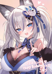 1girl :3 animal_ear_fluff animal_ears blue_eyes blue_nails blue_ribbon breasts cleavage cleavage_cutout clothing_cutout detached_sleeves double-parted_bangs facial_mark fang fingerless_gloves fox_ears fox_girl fox_mask fox_shadow_puppet fox_tail gloves grey_hair hair_ornament hand_up happy_birthday heart highres inari_iroha large_breasts light_blush long_hair mask multicolored_hair nail_polish neck_ribbon noripro open_mouth ribbon saiki_komari smile solo streaked_hair tail twintails upper_body virtual_youtuber