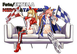 Rule 34 | 2girls, ahoge, animal ear fluff, animal ears, asymmetrical footwear, black footwear, blonde hair, blue bow, blue jacket, boots, bow, breasts, cleavage cutout, clothing cutout, couch, fate/extella, fate/extra, fate (series), fox ears, fox girl, fox shadow puppet, fox tail, gloves, green eyes, hair bow, hair intakes, high heel boots, high heels, jacket, jacket on shoulders, large breasts, leotard, long hair, merokonbu0, midriff, mismatched footwear, multiple girls, nero claudius (fate), nero claudius (fate) (all), nero claudius (fate/extra), official alternate costume, pink hair, ponytail, race queen, red bow, red footwear, red jacket, short sleeves, shorts, sitting, tail, tamamo (fate), tamamo no mae (fate/extra), tamamo no mae (type-moon racing) (fate), thigh boots, thighhighs, white background, white footwear, white gloves, white leotard, white shorts, yellow eyes