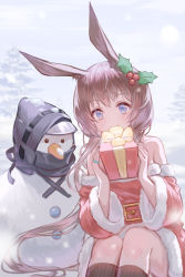 Rule 34 | 1girl, absurdres, amiya (arknights), animal ears, arknights, baiiya, bare shoulders, belt buckle, blue eyes, brown hair, buckle, carrot, chinese commentary, christmas, commentary request, deer, doctor (arknights), gift, hair ornament, happy, highres, holding, holding gift, holly hair ornament, hood, jewelry, kneehighs, long hair, rabbit ears, ring, santa costume, sitting, smile, snow, snowman, socks, solo, striped clothes, striped socks, tree, very long hair