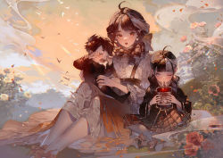 Rule 34 | 1boy, 2girls, aged down, ahoge, bat (animal), black hair, blood, blood bag, brother and sister, child, commentary, crying, dress, drill hair, drinking, earrings, english commentary, english text, flower, jewelry, kawacy, kneehighs, long sleeves, looking at viewer, medium hair, mole, mole under eye, mother and daughter, mother and son, multicolored hair, multiple girls, one eye closed, original, parted lips, pedal, pointy ears, red eyes, red lips, rose, short hair, shorts, siblings, sitting, sitting on lap, sitting on person, skirt, socks, streaked hair, tears, twins, two-tone hair, vampire, white hair, wind
