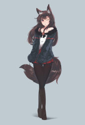 Rule 34 | 1girl, absurdres, animal ears, bare shoulders, black pantyhose, blouse, boots, brown hair, casual, cross-laced footwear, crossed legs, ehrrr, fur trim, high heel boots, high heels, highres, imaizumi kagerou, knee boots, lace-up boots, long hair, miniskirt, off shoulder, one eye closed, open mouth, pantyhose, pleated skirt, red eyes, red skirt, shirt, skirt, solo, tail, touhou, watson cross, white shirt, wolf ears, wolf tail