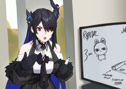 Rule 34 | 1girl, asymmetrical horns, bare shoulders, black hair, blue hair, breasts, colored inner hair, dasdokter, demon horns, drawing board, hair ornament, highres, hololive, hololive english, horns, long hair, looking at viewer, meme, mole, mole under eye, multicolored hair, nerissa ravencroft, nerissa ravencroft (1st costume), red eyes, solo, sweatdrop, two-tone hair, uneven horns, very long hair, virtual youtuber