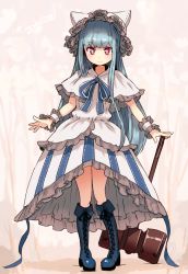 Rule 34 | + +, 1girl, :&gt;, animal hat, blue footwear, blue hair, boots, capelet, cat hat, cross-laced footwear, dated, dress, frills, hammer, hat, long hair, nosuku, original, red eyes, ribbon, smile, solo, standing, very long hair, wrist cuffs