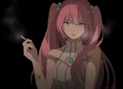 Rule 34 | angelic buster, angry, bandaid, benika, blue eyes, check commentary, cigarette, commentary request, hair ribbon, horns, looking at viewer, maplestory, pink hair, ribbon, shirt, smoking, solo, twintails, two side up, white shirt