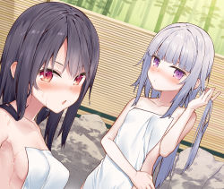 Rule 34 | 2girls, bamboo, bamboo forest, black hair, blunt bangs, blush, breasts, closed mouth, collarbone, commentary request, covering privates, day, fence, forest, grey hair, hair between eyes, hand in own hair, hand up, long hair, multiple girls, nature, nude cover, onsen, original, outdoors, parted lips, purple eyes, red eyes, small breasts, tokuno yuika, towel, upper body, very long hair, wet, wet hair