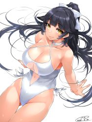 Rule 34 | 1girl, animal ears, arm support, azur lane, bare shoulders, black hair, blush, bow, breasts, casual one-piece swimsuit, center opening, cleavage, clothing cutout, collarbone, commentary request, cowboy shot, criss-cross halter, curvy, dated, dog ears, groin, hair between eyes, hair bow, hair ears, hair flaps, halterneck, happa (cloverppd), highleg, highleg swimsuit, large breasts, light smile, lips, looking at viewer, navel cutout, one-piece swimsuit, pink lips, ponytail, ribbon, shiny skin, signature, simple background, sitting, solo, swimsuit, takao (azur lane), takao (beach rhapsody) (azur lane), thigh gap, thighs, white background, white bow, white one-piece swimsuit, white ribbon, yellow eyes