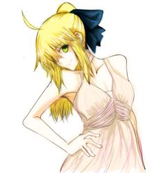 Rule 34 | 1girl, ahoge, artoria pendragon (all), artoria pendragon (fate), bad id, bad pixiv id, bare shoulders, blonde hair, bow, capcom, dress, fate/stay night, fate/unlimited codes, fate (series), green eyes, hair bow, kosei ginshari, long hair, ponytail, saber (fate), saber lily, solo