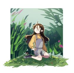 1girl ahoge brown_hair commentary empires_smp english_commentary grass kisekiii_25 long_hair looking_up minecraft_youtube mini_person minigirl outdoors overalls pointy_ears shoes shrub_berry shubble signature sitting sneakers solo sweater yellow_eyes yellow_sweater