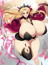 Rule 34 | 1girl, absurdres, black leotard, blonde hair, blush, breasts, cape, cleavage, daien, dot nose, dutch angle, ereshkigal (fate), fate (series), female focus, floating hair, gigantic breasts, highres, holding, holding sword, holding weapon, leotard, looking at viewer, open mouth, red eyes, skindentation, skull, skull ornament, solo, spine, standing, strapless, sword, thick thighs, thighs, weapon, wide hips