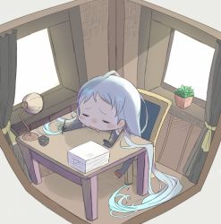 Rule 34 | 1girl, absurdly long hair, blue hair, blush, chair, chibi, closed eyes, commentary request, desk, elbow gloves, gloves, holding, holding pen, indoors, kantai collection, lamp, long hair, ofly (ofly252), open mouth, outstretched arms, paper stack, pen, samidare (kancolle), simple background, sitting, solo, swept bangs, very long hair, white background, window