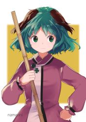 Rule 34 | 1girl, animal ears, artist name, bamboo broom, broom, closed mouth, commentary request, dress, green eyes, green hair, hand on own hip, highres, holding, kasodani kyouko, long sleeves, looking to the side, namauni, short hair, solo, touhou, upper body