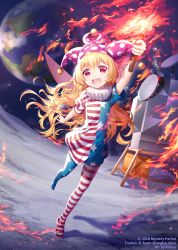 Rule 34 | 1girl, american flag dress, american flag legwear, arm up, artist name, blonde hair, clownpiece, copyright name, dress, earth (planet), fairy wings, fire, floating hair, full body, hat, holding, jester cap, long hair, looking at viewer, neck ribbon, no shoes, open mouth, pantyhose, planet, polka dot, purple hat, red eyes, ribbon, rimuu, short dress, short sleeves, solo, space, standing, standing on one leg, star (symbol), star print, striped, torch, touhou, very long hair, wavy hair, wings