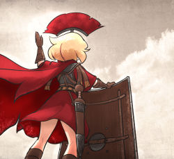 Rule 34 | 1girl, armor, blonde hair, borrowed character, cape, centurii-chan, cloud, greco-roman clothes, helmet, holding, ironlily, legionnaire, original, red cape, roman clothes, roman empire, sheath, shield, short hair, soldier, solo, standing, sword, weapon