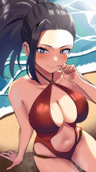 Rule 34 | 1girl, absurdres, beach, black hair, blush, boku no hero academia, breasts, cleavage, closed mouth, forehead, grey eyes, hand up, highres, large breasts, long hair, navel, one-piece swimsuit, ponytail, red one-piece swimsuit, sand, sitting, solo, swimsuit, water, yaoyorozu momo, zd (pixiv6210083)