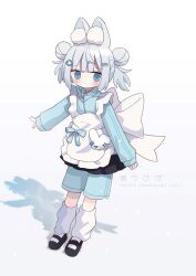 Rule 34 | 1girl, animal ear fluff, animal ears, apron, black footwear, black skirt, blue eyes, blue jacket, blue shorts, blush, closed mouth, collared shirt, commentary, double bun, english text, frilled apron, frills, full body, gradient background, grey background, grey hair, gym shorts, hair bun, hair ornament, hairclip, highres, jacket, jersey maid, light frown, long sleeves, loose socks, maid, maid headdress, nakkar, original, pleated skirt, puffy long sleeves, puffy sleeves, romaji text, shadow, shirt, shoes, shorts, shorts under skirt, skirt, sleeves past wrists, socks, solo, symbol-only commentary, track jacket, translation request, twintails, twitter username, unconventional maid, white apron, white background, white shirt, white socks