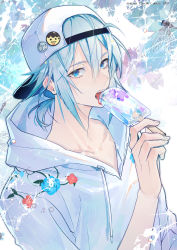 Rule 34 | 1boy, absurdres, backwards hat, bishounen, blue eyes, blue flower, blue hair, bug, doran (doran7280), dragonfly, flower, food, hat, highres, holding food, holding ice cream, ice cream, idolish7, insect, jacket, looking at viewer, low ponytail, male focus, red flower, semi-transparent, short hair, solo, straight hair, tongue, tongue out, upper body, yotsuba tamaki