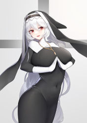 Rule 34 | 1girl, absurdres, alternate costume, arknights, black dress, black headwear, breasts, covered navel, cowboy shot, dress, fingers together, gloves, grey background, habit, highres, jewelry, large breasts, long hair, looking away, necklace, nun, open mouth, red eyes, sharp teeth, sideways glance, silver hair, smile, solo, specter (arknights), teeth, upper teeth only, very long hair, white gloves, y.u