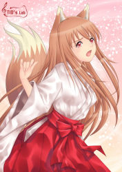 Rule 34 | 00s, animal ears, bad id, bad pixiv id, brown hair, holo, japanese clothes, long hair, miko, red eyes, solo, spice and wolf, tail, tidsean, wolf ears, wolf tail