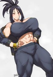 Rule 34 | 1girl, abs, batako (batakoart), black hair, black jacket, breasts, creatures (company), dendra (pokemon), fingerless gloves, game freak, gloves, hands on own hips, highres, huge breasts, jacket, long hair, midriff, muscular, muscular female, nintendo, open clothes, open jacket, pants, pokemon, pokemon sv, red eyes, scar, scar on face, scar on forehead, smile, solo, track jacket, track pants, yellow gloves