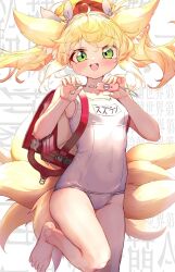 Rule 34 | ahoge, animal ear fluff, animal ears, arknights, backpack, bag, bag charm, blonde hair, blush, character name, charm (object), chinese commentary, commentary request, eason870408, flat chest, foot out of frame, fox ears, fox girl, fox tail, green eyes, hair ribbon, hands up, highres, holding, kitsune, kyuubi, looking at viewer, medium hair, multiple tails, one-piece swimsuit, open mouth, red bag, ribbon, sidelocks, smile, suzuran (arknights), swimsuit, tail, teeth, upper teeth only, white background, white one-piece swimsuit, white ribbon