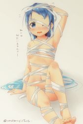 Rule 34 | 1girl, arm behind head, armpits, artist name, bandages, blue eyes, blue hair, breasts, collarbone, commentary request, covering privates, foreshortening, kantai collection, knee up, long hair, looking at viewer, mae (maesanpicture), navel, nude cover, one eye closed, samidare (kancolle), simple background, sitting, small breasts, solo, swept bangs, translation request, very long hair, white background