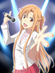 Rule 34 | 10s, 1girl, :d, alternate costume, asuna (sao), braid, brown eyes, brown hair, holding, long hair, microphone, music, nori tamago, open mouth, outstretched hand, pleated skirt, ribbed sweater, singing, skirt, smile, solo, sweater, sword art online