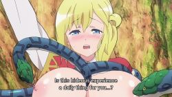 Rule 34 | 1girl, animated, anime screenshot, arm up, bestiality, between breasts, blonde hair, blue eyes, blue necktie, breast sucking, breasts, breasts out, double breast sucking, enome, futoku no guild, grabbing, grabbing another&#039;s breast, groin, highres, huge breasts, lactation, large breasts, licking, licking nipple, long hair, long sleeves, looking at viewer, mature female, navel, necktie, nipple stimulation, no bra, panties, pink panties, rape, restrained, saliva, screencap, shirt, side ponytail, snake, sound, stomach, subtitled, tearing up, thick thighs, thighs, tongue, tongue out, torn clothes, torn shirt, underwear, video