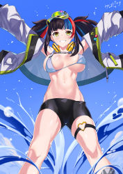 Rule 34 | 1girl, arms up, bare shoulders, bikini, black hair, black shorts, blue hair, blush, breasts, cleavage, fate/grand order, fate (series), green hat, grin, hat, headphones, headphones around neck, highres, jacket, kurozawa yui, large breasts, long hair, long sleeves, looking at viewer, multicolored hair, navel, off shoulder, open clothes, open jacket, red hair, sei shounagon (fate), sei shounagon (swimsuit berserker) (fate), short shorts, shorts, sidelocks, smile, solo, swimsuit, thigh strap, thighs, twintails, visor cap, water, white bikini, white jacket, yellow eyes