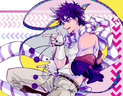 Rule 34 | 1boy, alternate color, bad id, bad pixiv id, bare shoulders, battle tendency, belt, bola (weapon), boots, brown belt, brown footwear, chevron (symbol), clacker, crop top, fingerless gloves, gloves, highres, jacket, jacket partially removed, jojo no kimyou na bouken, joseph joestar, joseph joestar (young), knee boots, limited palette, male focus, midriff peek, multicolored nails, muscular, nail polish, nigelungdayo, open mouth, pants, pointing, pointing forward, purple eyes, purple hair, purple jacket, scarf, shirt, short hair, smirk, solo, striped clothes, striped scarf, unworn jacket, white gloves, white pants, white shirt