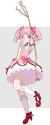 Rule 34 | 1girl, bang dream!, blush, bow, cosplay, eyebrows hidden by hair, flower, frilled socks, frills, full body, gloves, grey background, high heels, holding, kaname madoka, kaname madoka (cosplay), kneehighs, mahou shoujo madoka magica, mahou shoujo madoka magica (anime), maruyama aya, one eye closed, outstretched arm, parted bangs, parted lips, petticoat, pink bow, pink flower, pink hair, pink rose, puffy short sleeves, puffy sleeves, purple eyes, red footwear, rose, shipii (jigglypuff), shirt, shoes, short sleeves, socks, solo, standing, twintails, two-tone background, white background, white gloves, white shirt, white socks
